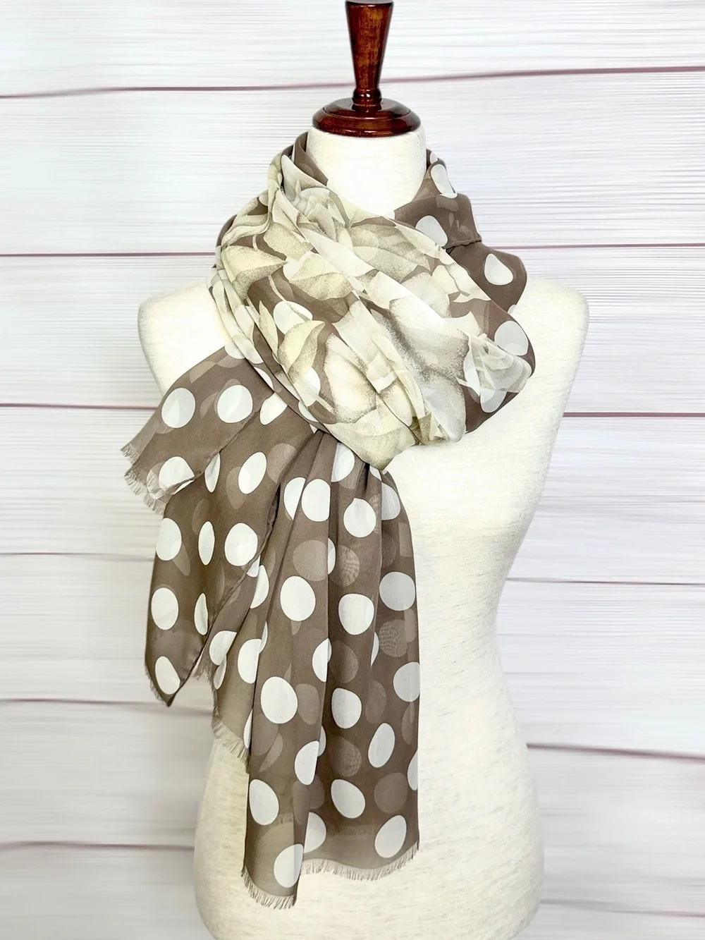 Vintage Gianfranco Ferré Silk Scarf Shawl Wrap 34x78 Roses Polka Dot Taupe Cream